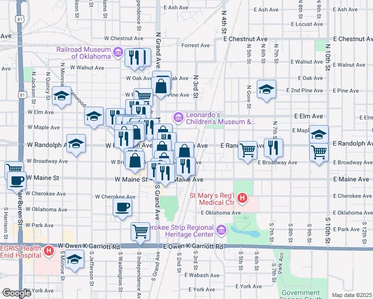 map of restaurants, bars, coffee shops, grocery stores, and more near 205 E Randolph Ave in Enid