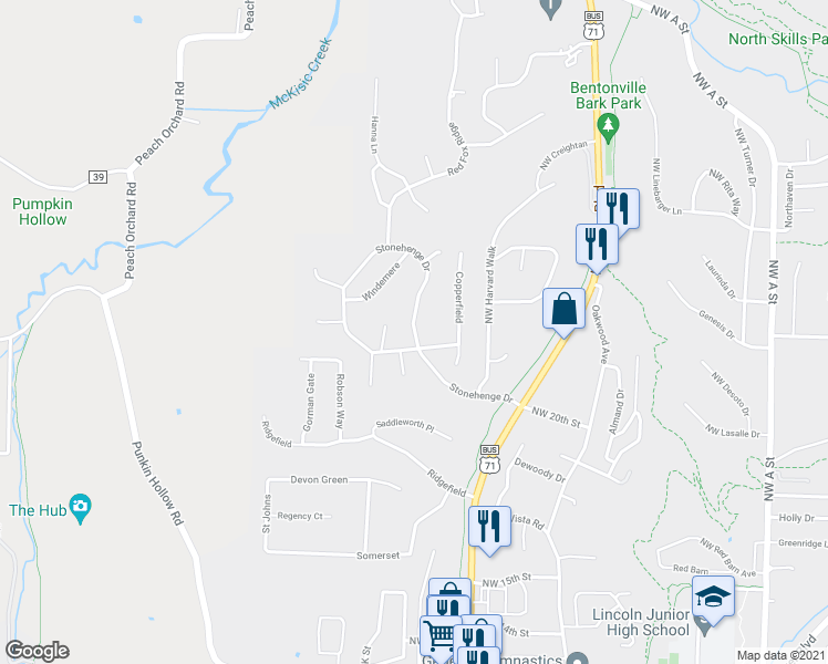map of restaurants, bars, coffee shops, grocery stores, and more near 16 Stonehenge Drive in Bentonville