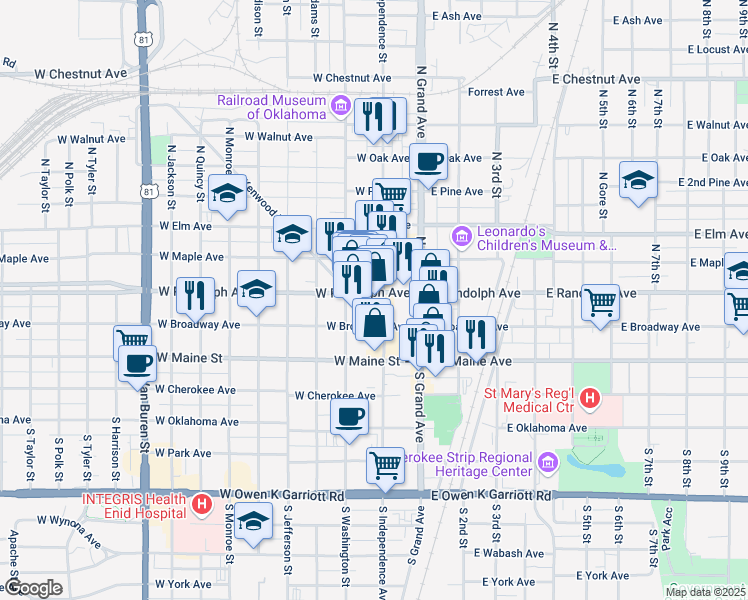 map of restaurants, bars, coffee shops, grocery stores, and more near 226 West Broadway Avenue in Enid