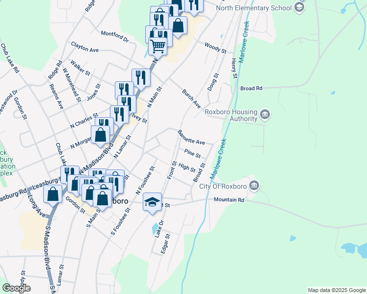 map of restaurants, bars, coffee shops, grocery stores, and more near 308 Pine Street in Roxboro