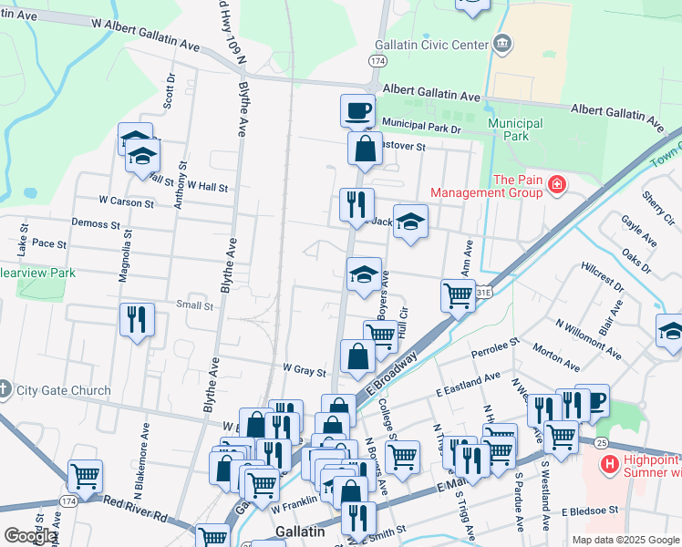 map of restaurants, bars, coffee shops, grocery stores, and more near 568 North Water Avenue in Gallatin
