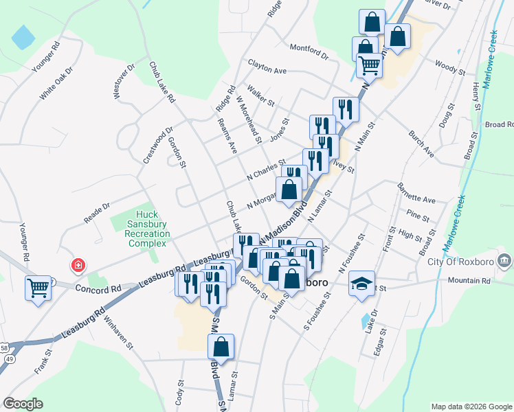 map of restaurants, bars, coffee shops, grocery stores, and more near 122 North Morgan Street in Roxboro