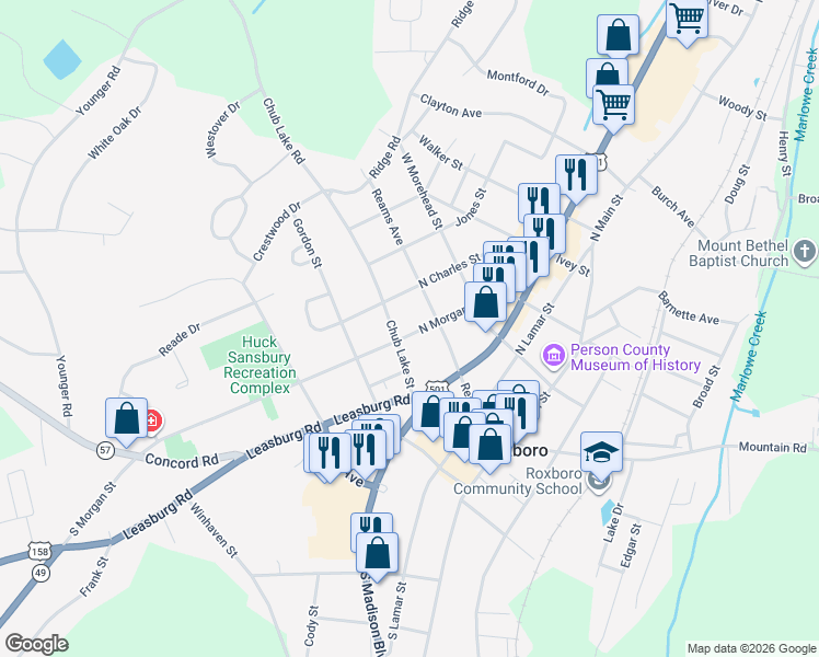 map of restaurants, bars, coffee shops, grocery stores, and more near 107 North Morgan Street in Roxboro