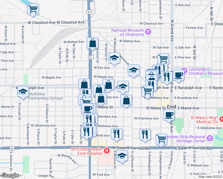 map of restaurants, bars, coffee shops, grocery stores, and more near 707 West Randolph Avenue in Enid