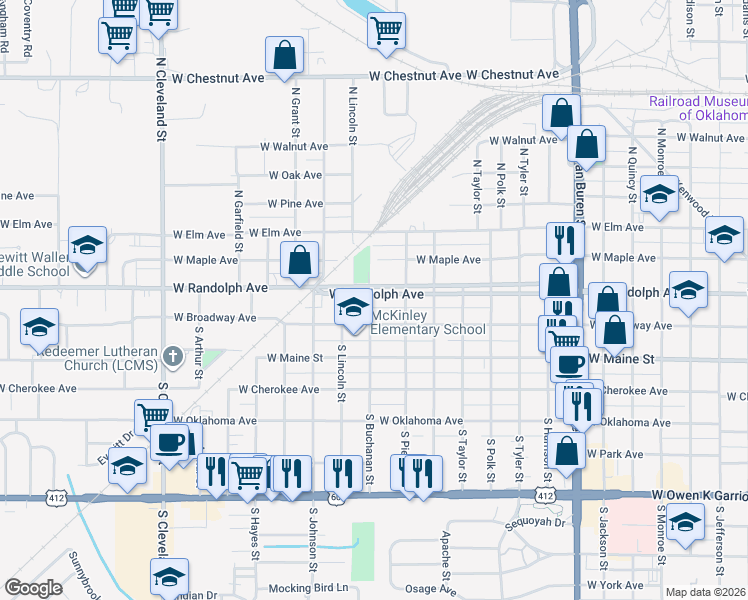 map of restaurants, bars, coffee shops, grocery stores, and more near 1631 West Randolph Avenue in Enid
