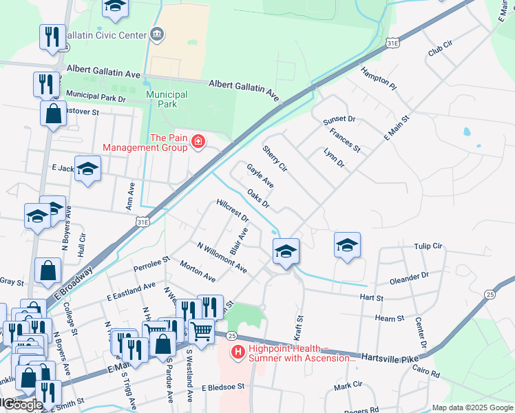 map of restaurants, bars, coffee shops, grocery stores, and more near 132 Oaks Drive in Gallatin