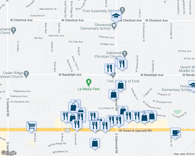 map of restaurants, bars, coffee shops, grocery stores, and more near 110 North Mission Road in Enid