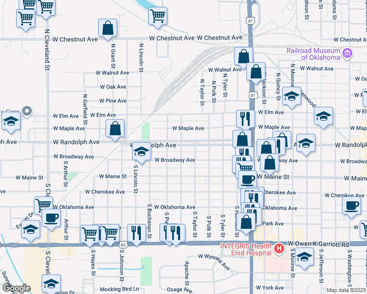 map of restaurants, bars, coffee shops, grocery stores, and more near 1429 West Randolph Avenue in Enid