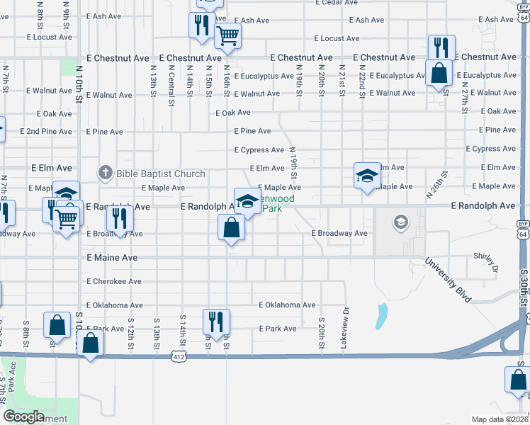map of restaurants, bars, coffee shops, grocery stores, and more near 1717 E Randolph Ave in Enid