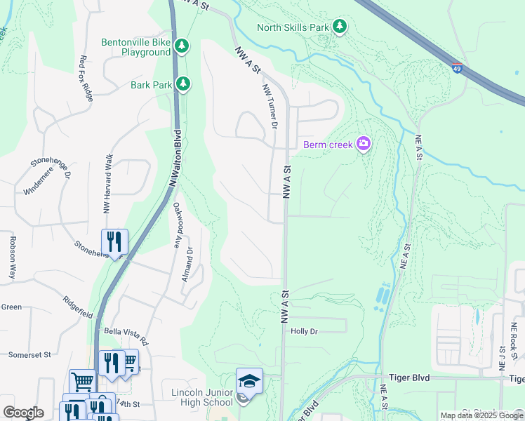 map of restaurants, bars, coffee shops, grocery stores, and more near 2100 Northwest Turner Drive in Bentonville