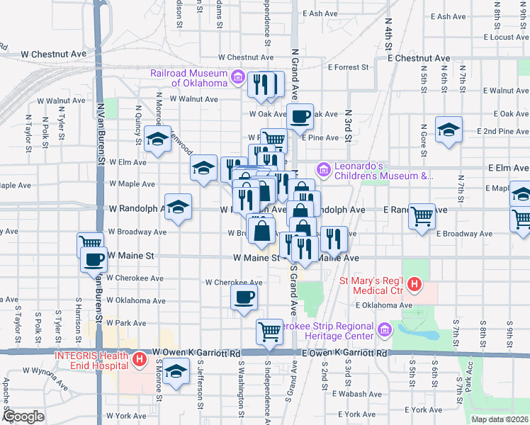 map of restaurants, bars, coffee shops, grocery stores, and more near 147 North Independence Street in Enid