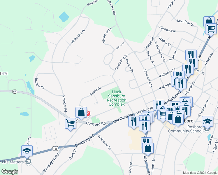 map of restaurants, bars, coffee shops, grocery stores, and more near 314 Reade Drive in Roxboro