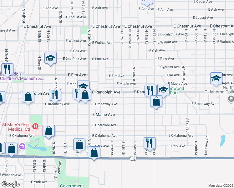 map of restaurants, bars, coffee shops, grocery stores, and more near 1215 East Randolph Avenue in Enid