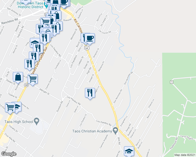 map of restaurants, bars, coffee shops, grocery stores, and more near 414 Espinoza Road in Taos