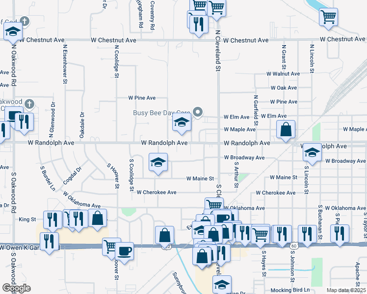 map of restaurants, bars, coffee shops, grocery stores, and more near 2601 West Randolph Avenue in Enid