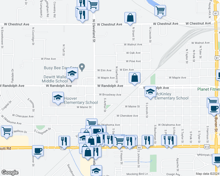 map of restaurants, bars, coffee shops, grocery stores, and more near 2209 West Randolph Avenue in Enid