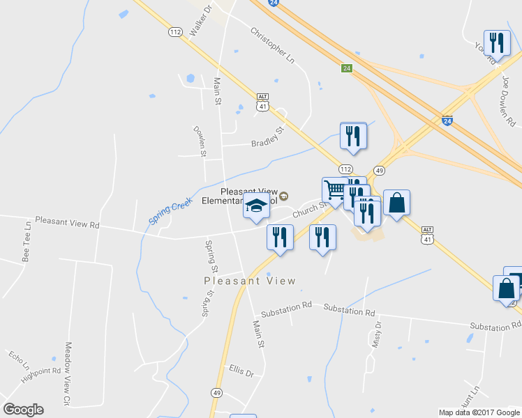 map of restaurants, bars, coffee shops, grocery stores, and more near 2621 Church Street in Pleasant View