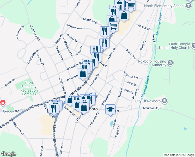 map of restaurants, bars, coffee shops, grocery stores, and more near 29 Oak Street in Roxboro
