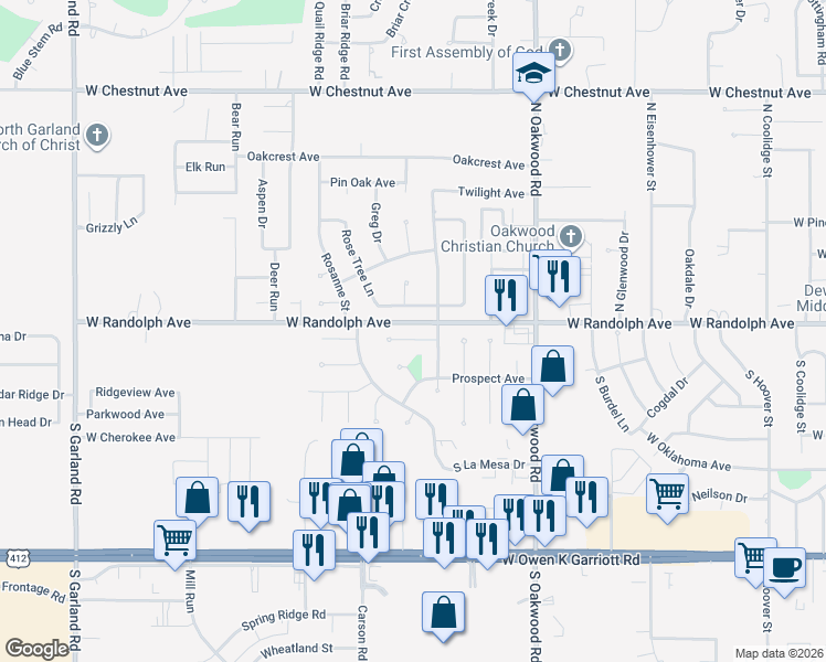 map of restaurants, bars, coffee shops, grocery stores, and more near 4213 Rampart Street in Enid