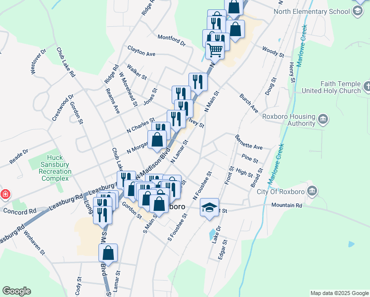 map of restaurants, bars, coffee shops, grocery stores, and more near 29 Oak Street in Roxboro