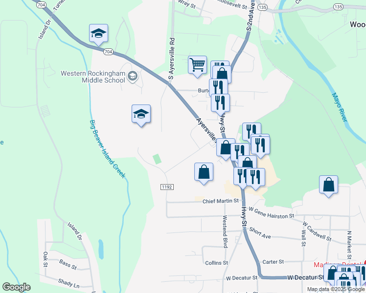 map of restaurants, bars, coffee shops, grocery stores, and more near 705 Ayersville Road in Madison