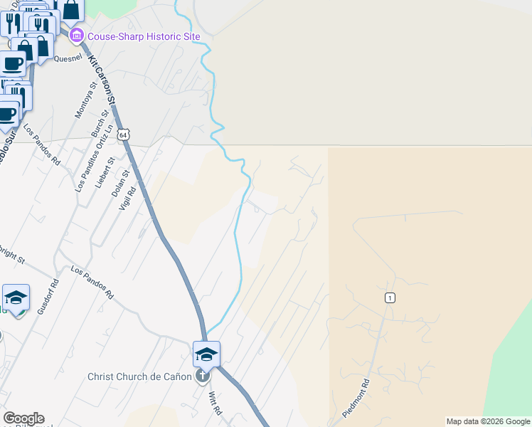 map of restaurants, bars, coffee shops, grocery stores, and more near Don Nicholas Road in Taos