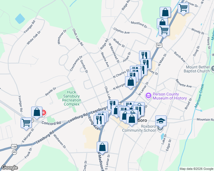 map of restaurants, bars, coffee shops, grocery stores, and more near 107 North Morgan Street in Roxboro