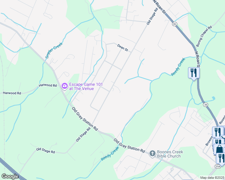 map of restaurants, bars, coffee shops, grocery stores, and more near 540 Old Stage Road in Johnson City