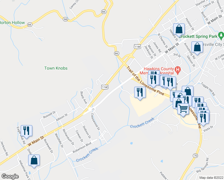 map of restaurants, bars, coffee shops, grocery stores, and more near 1320 West Main Street in Rogersville