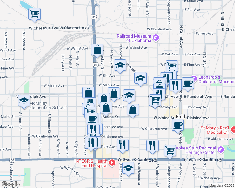map of restaurants, bars, coffee shops, grocery stores, and more near 707 West Randolph Avenue in Enid
