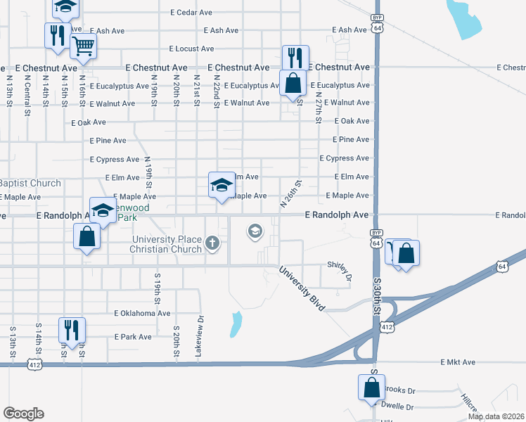 map of restaurants, bars, coffee shops, grocery stores, and more near East Randolph Avenue in Enid