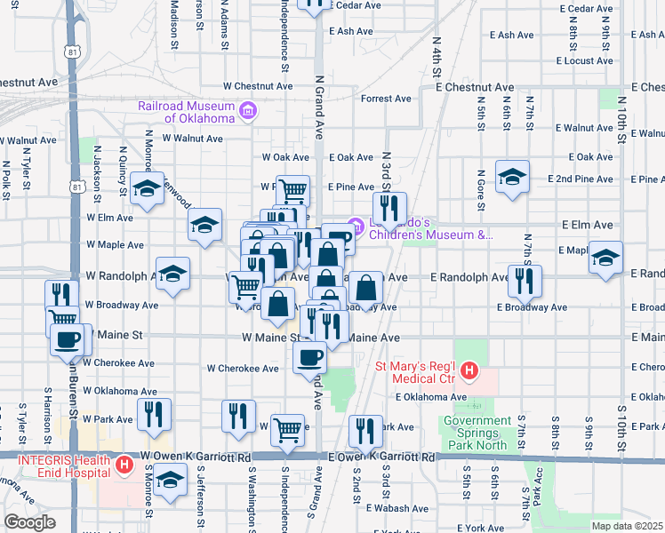map of restaurants, bars, coffee shops, grocery stores, and more near 117 North Grand Avenue in Enid