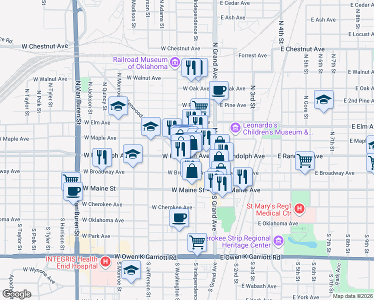 map of restaurants, bars, coffee shops, grocery stores, and more near 226 West Broadway Avenue in Enid