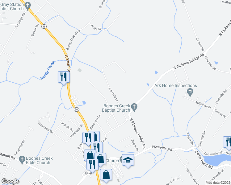 map of restaurants, bars, coffee shops, grocery stores, and more near 100 Bright Ridge Drive in Gray