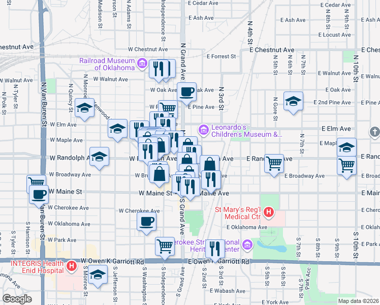 map of restaurants, bars, coffee shops, grocery stores, and more near 117 North Grand Avenue in Enid