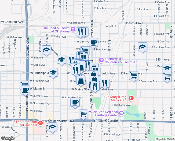 map of restaurants, bars, coffee shops, grocery stores, and more near 147-199 North Independence Avenue in Enid