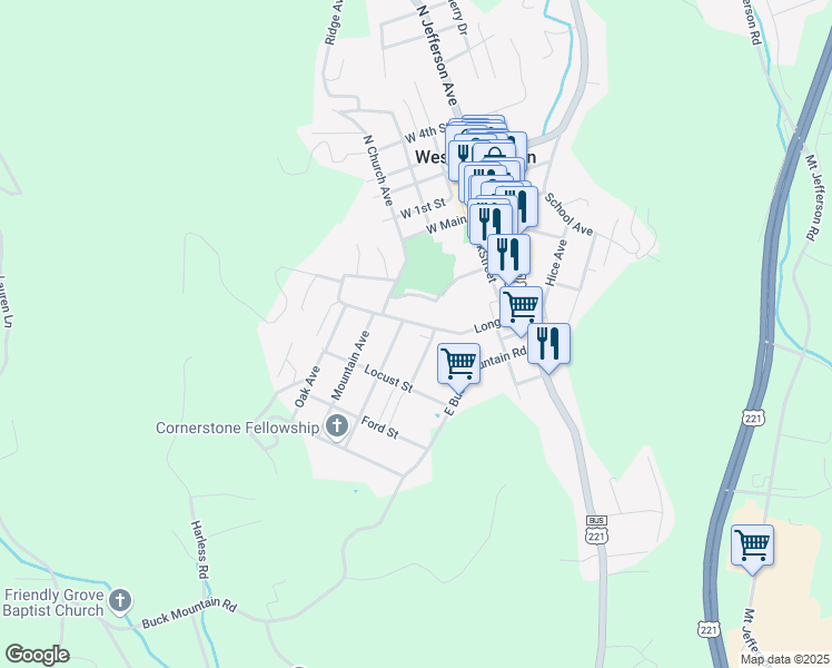 map of restaurants, bars, coffee shops, grocery stores, and more near 400 Park Road in West Jefferson