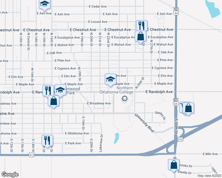 map of restaurants, bars, coffee shops, grocery stores, and more near 2200 East Randolph Avenue in Enid
