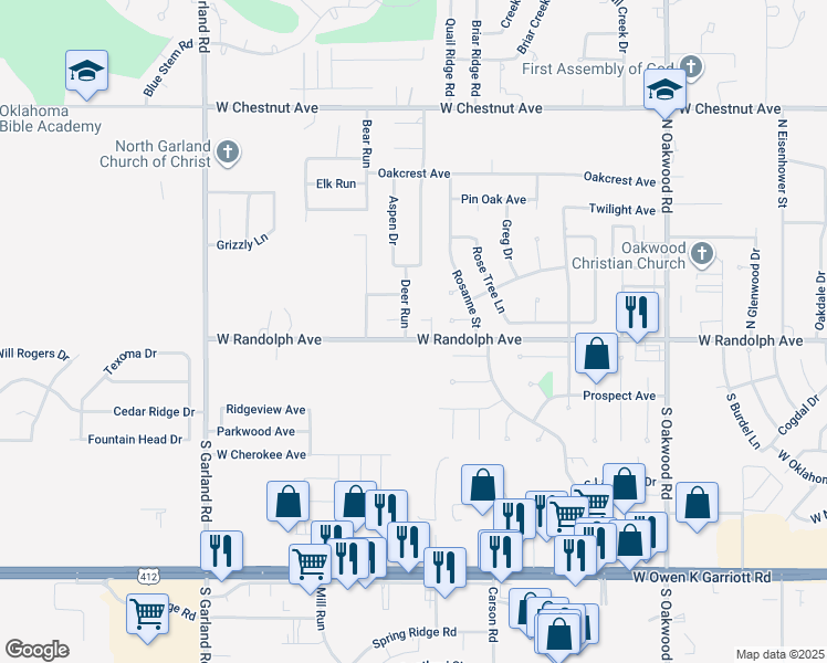 map of restaurants, bars, coffee shops, grocery stores, and more near 4413 Maplewood Circle in Enid