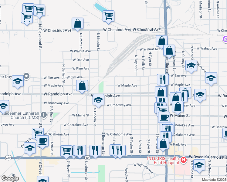 map of restaurants, bars, coffee shops, grocery stores, and more near 1522 West Maple Avenue in Enid