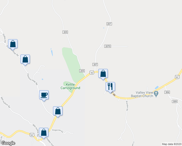 map of restaurants, bars, coffee shops, grocery stores, and more near 7112 Highway 62 West in Eureka Springs