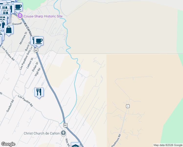 map of restaurants, bars, coffee shops, grocery stores, and more near 600-624 Don Nicholas Road in Taos