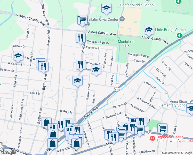 map of restaurants, bars, coffee shops, grocery stores, and more near 455 North Boyers Avenue in Gallatin