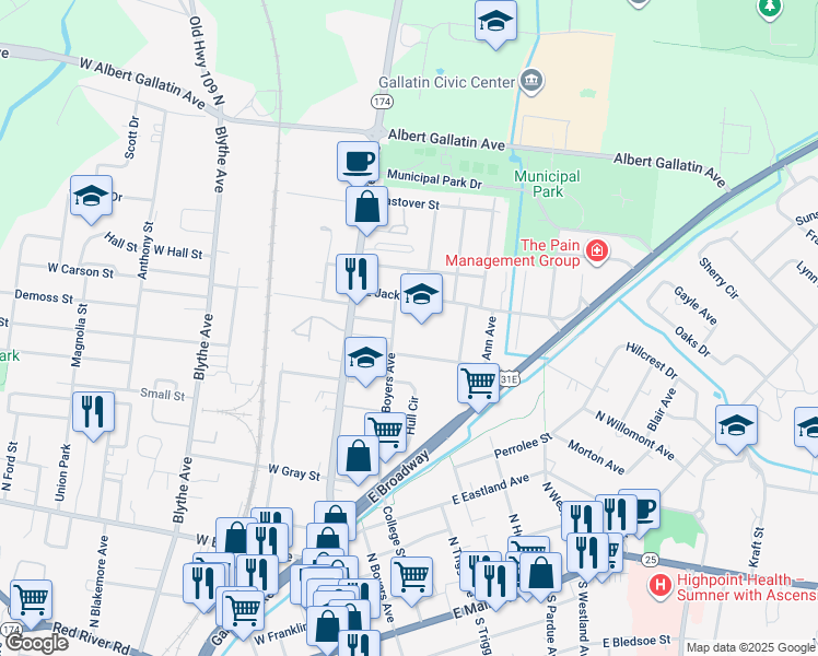 map of restaurants, bars, coffee shops, grocery stores, and more near 455 North Boyers Avenue in Gallatin
