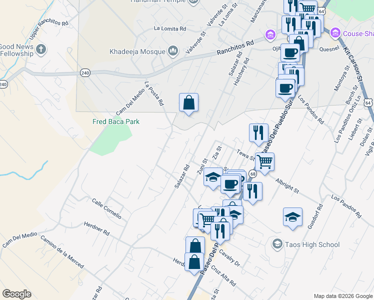 map of restaurants, bars, coffee shops, grocery stores, and more near 322 North Trapper Road in Taos