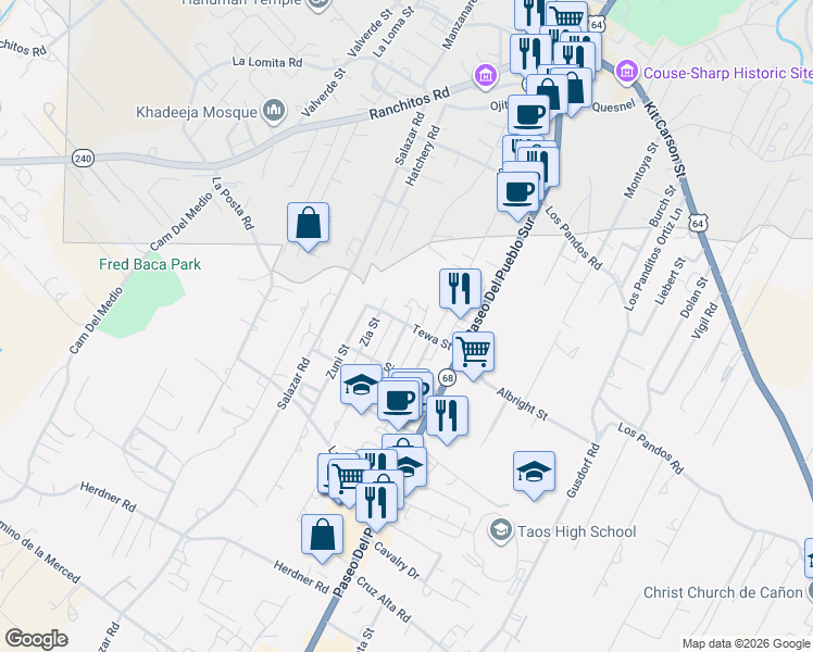 map of restaurants, bars, coffee shops, grocery stores, and more near 404a Apache Street in Taos