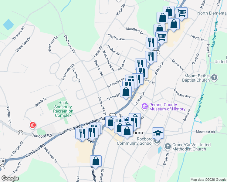map of restaurants, bars, coffee shops, grocery stores, and more near 210 North Charles Street in Roxboro