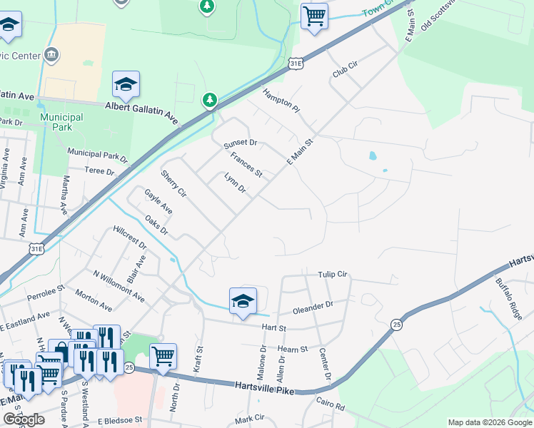 map of restaurants, bars, coffee shops, grocery stores, and more near 829 East Main Street in Gallatin