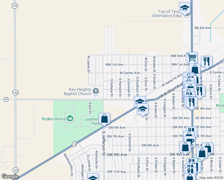 map of restaurants, bars, coffee shops, grocery stores, and more near 800-848 Southwest 2nd Avenue in Perryton