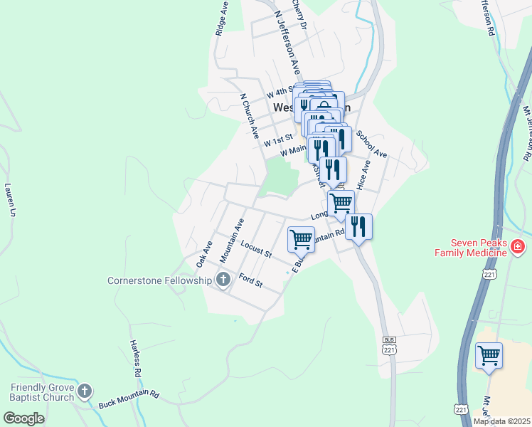 map of restaurants, bars, coffee shops, grocery stores, and more near 400 Park Road in West Jefferson